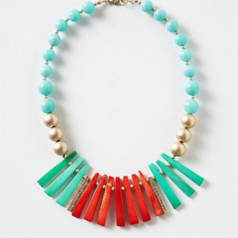 Anthropologie Dejima Comb Necklace Blue Teal Red Beads with Crystal Accents